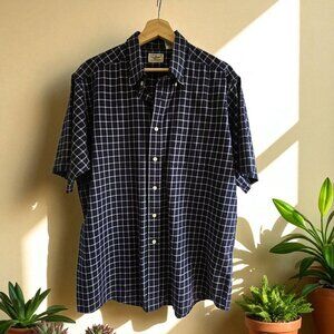 L.L. Bean Mens Navy Blue Plaid Short Sleeve Button-Up Shirt Lg-Reg 100% Cotton